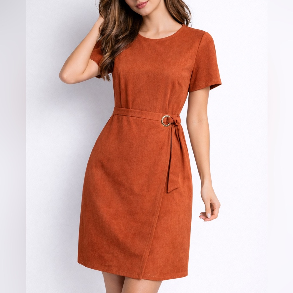 🆕✨ Tahari ASL Walnut Brown Faux Suede Sheath Dress Size 6 Gold Tie Career Midi